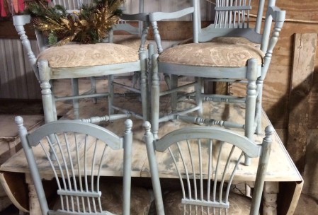 This table is GREAT quality & so sturdy.  I painted it Annie's Sloan Duck egg.  Then the white & sanded it to look really rough.  Waxed, dark waxed, & poly.  Lots of work but so worth it.  The legs on the table are white with the clear wax, dark wax & then clear wax again.  The chairs are Duck Egg blue & then clear, dark, & then clear wax again.  